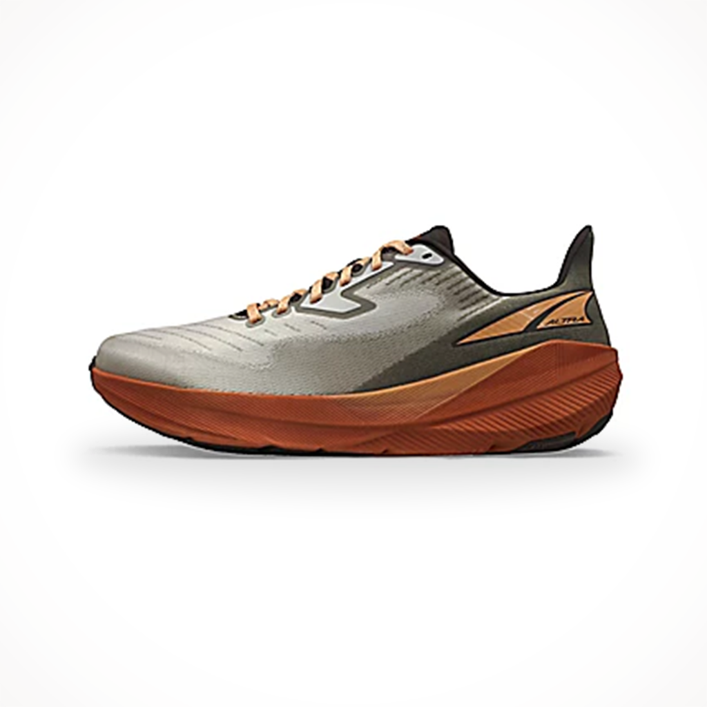 Product image: Altra Mens Experience Flow Grey Orange, shown from the left side profile.