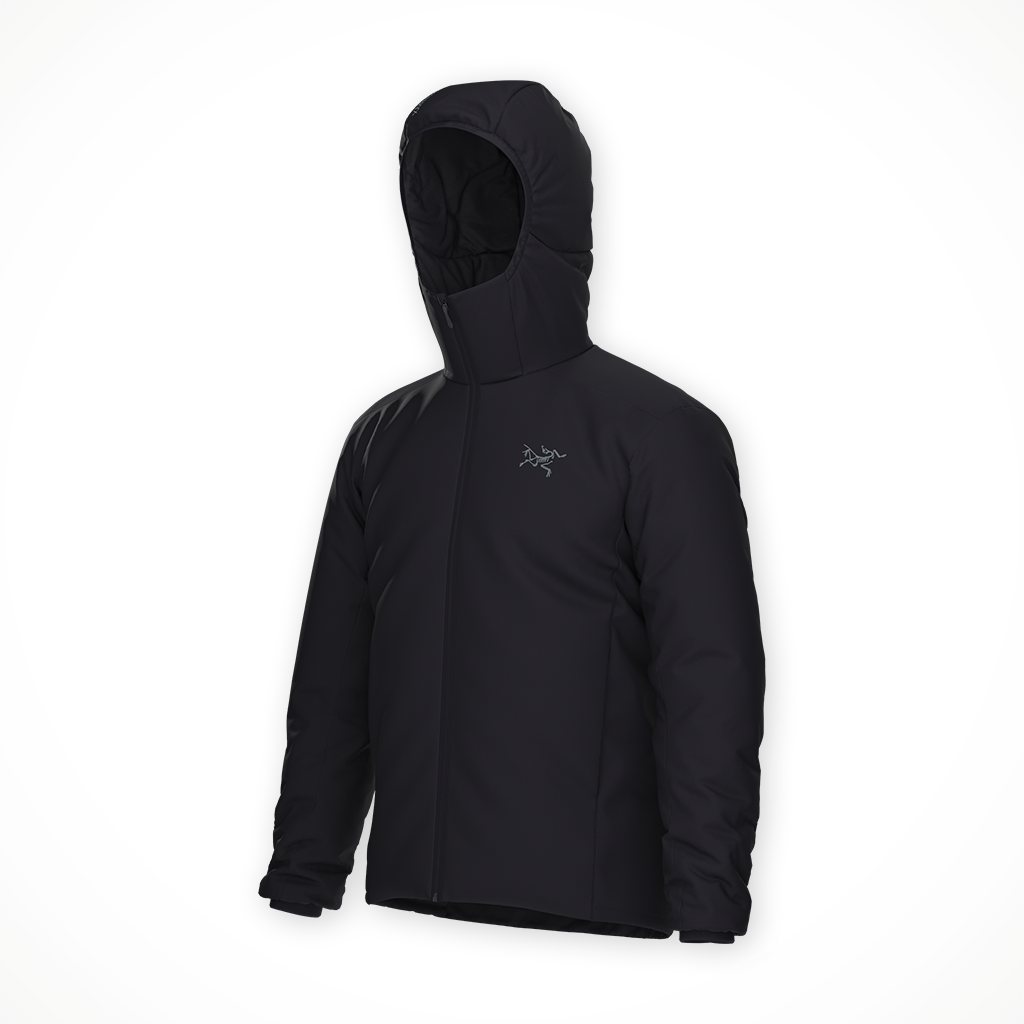 Product image: Arcteryx Atom Hoody Black Mens 2025, shown from a three-quarter angled view.