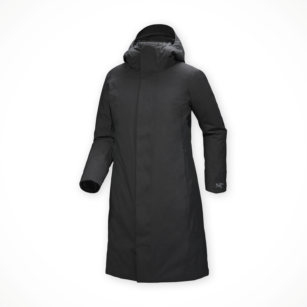 Product image: Arcteryx Patera Parka black womens 2025, shown from a three-quarter angled view.