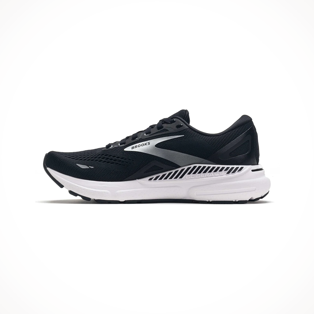 Product image: Brooks Adrenaline GTS 23 Black White Silver Womens 2024, shown from the left side profile.