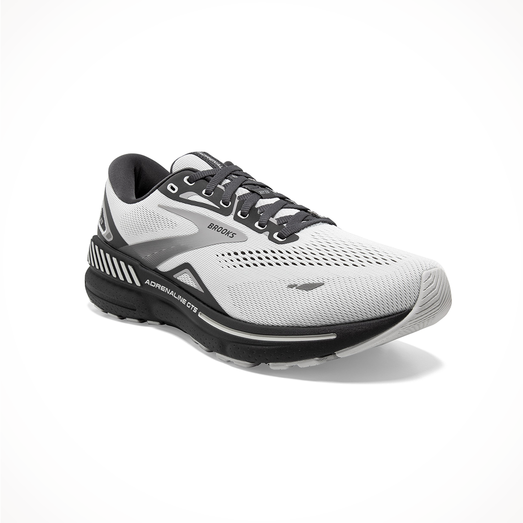 Product image: Brooks Mens Adrenaline GTS 23 Oyster Ebony Alloy, shown from a three-quarter angled view.