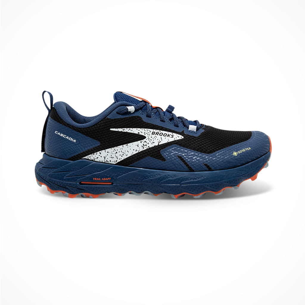 Product image: Brooks Mens Cascadia 17 GTX Black Blue Firecracker, shown in primary marketing view.