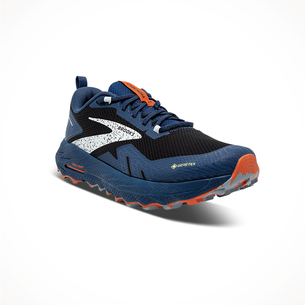 Product image: Brooks Mens Cascadia 17 GTX Black Blue Firecracker, shown from a three-quarter angled view.