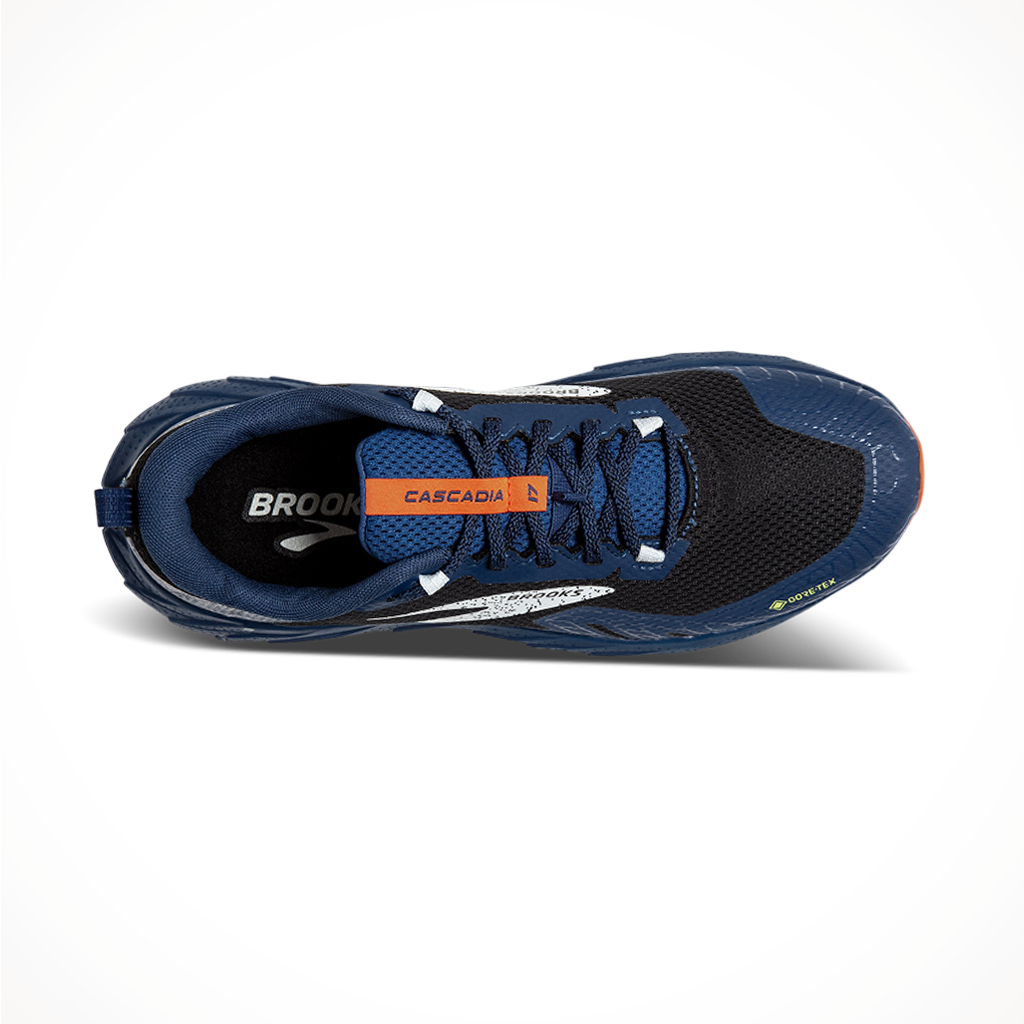 Product image: Brooks Mens Cascadia 17 GTX Black Blue Firecracker, shown from above.