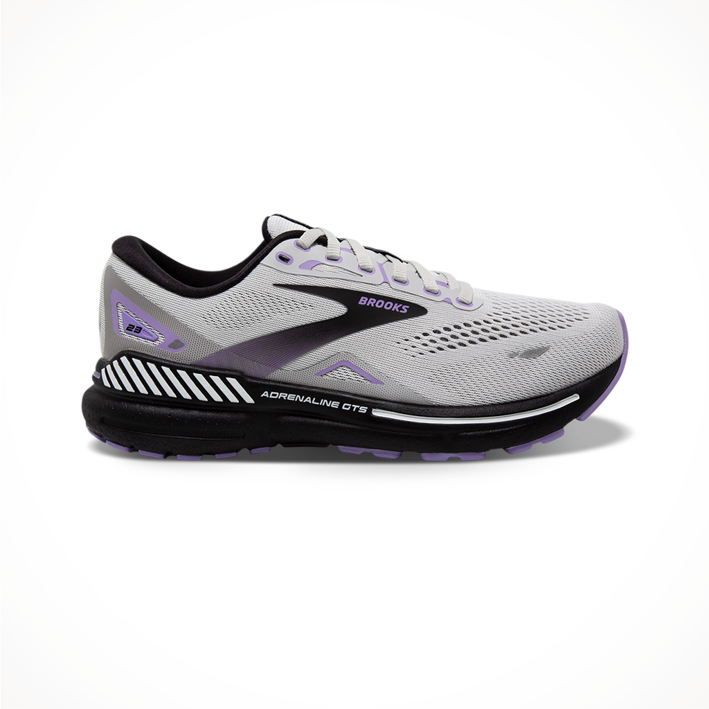 Product image: Brooks Womens Adrenaline GTS 23 Grey Black Purple, shown in primary marketing view.