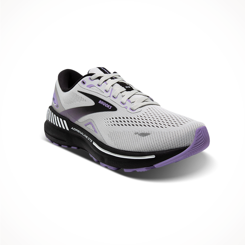 Product image: Brooks Womens Adrenaline GTS 23 Grey Black Purple, shown from a three-quarter angled view.