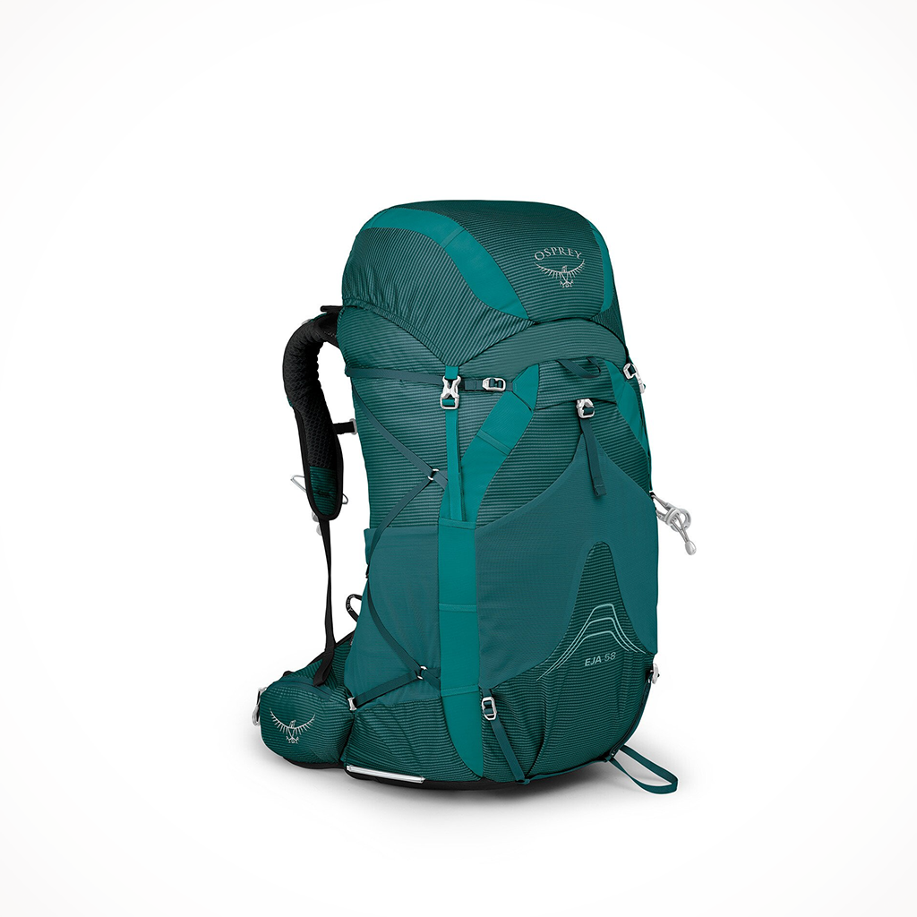 Product image: Camping Backpacks Womens Osprey Eja 58 Deep Teal, shown from a three-quarter angled view.