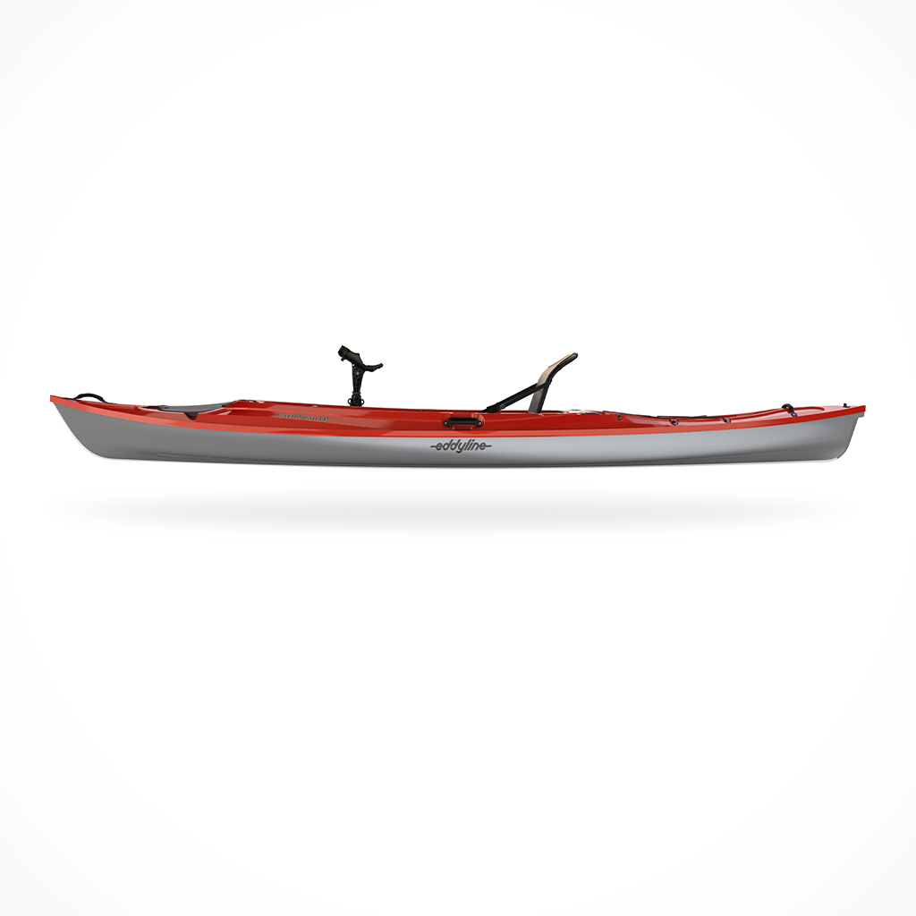 Product image: Eddyline Caribbean 14 FS Angler Saphire Red Silver, side profile view.