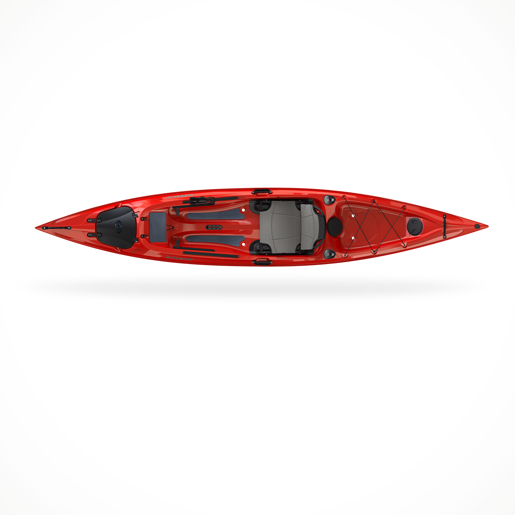 Product image: Eddyline Caribbean 14 FS Angler Saphire Red Silver, shown from above.