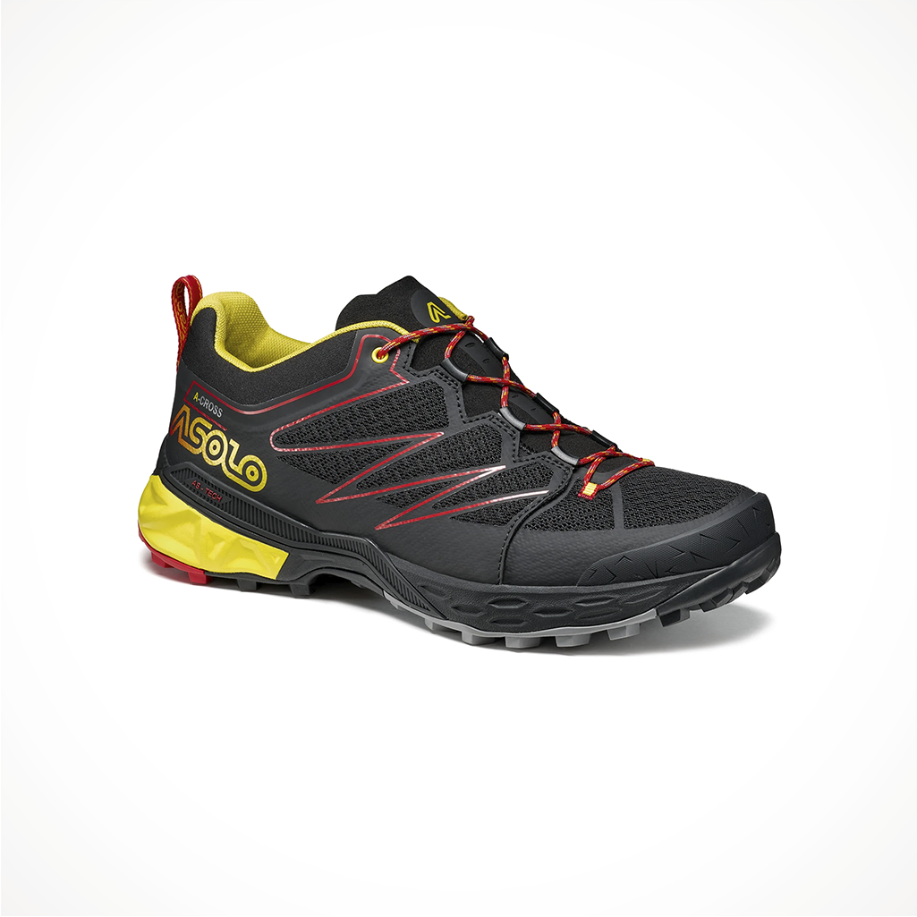 Product image: Footwear Asolo Mens Softrock Black Black Yellow, shown from a three-quarter angled view.