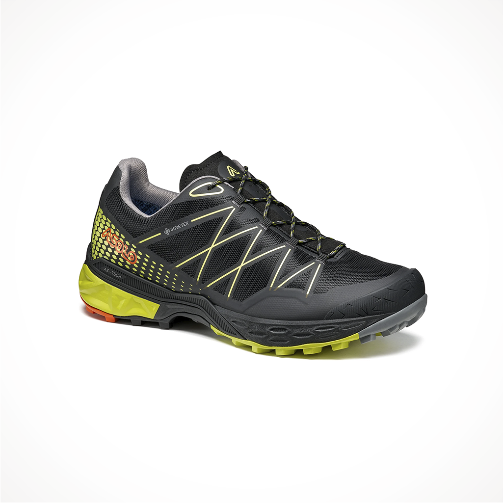 Product image: Footwear Asolo Mens Tahoe GTX Black Safety Yellow, shown from a three-quarter angled view.