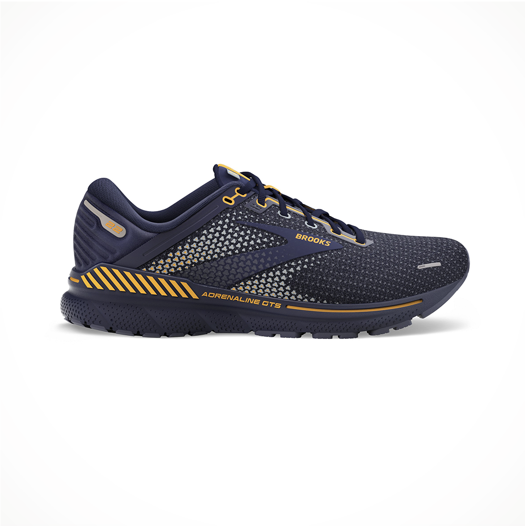 Product image: Footwear Brooks Mens Adrenaline GTS 22 Peacoat Grey Sunflower, side profile view.