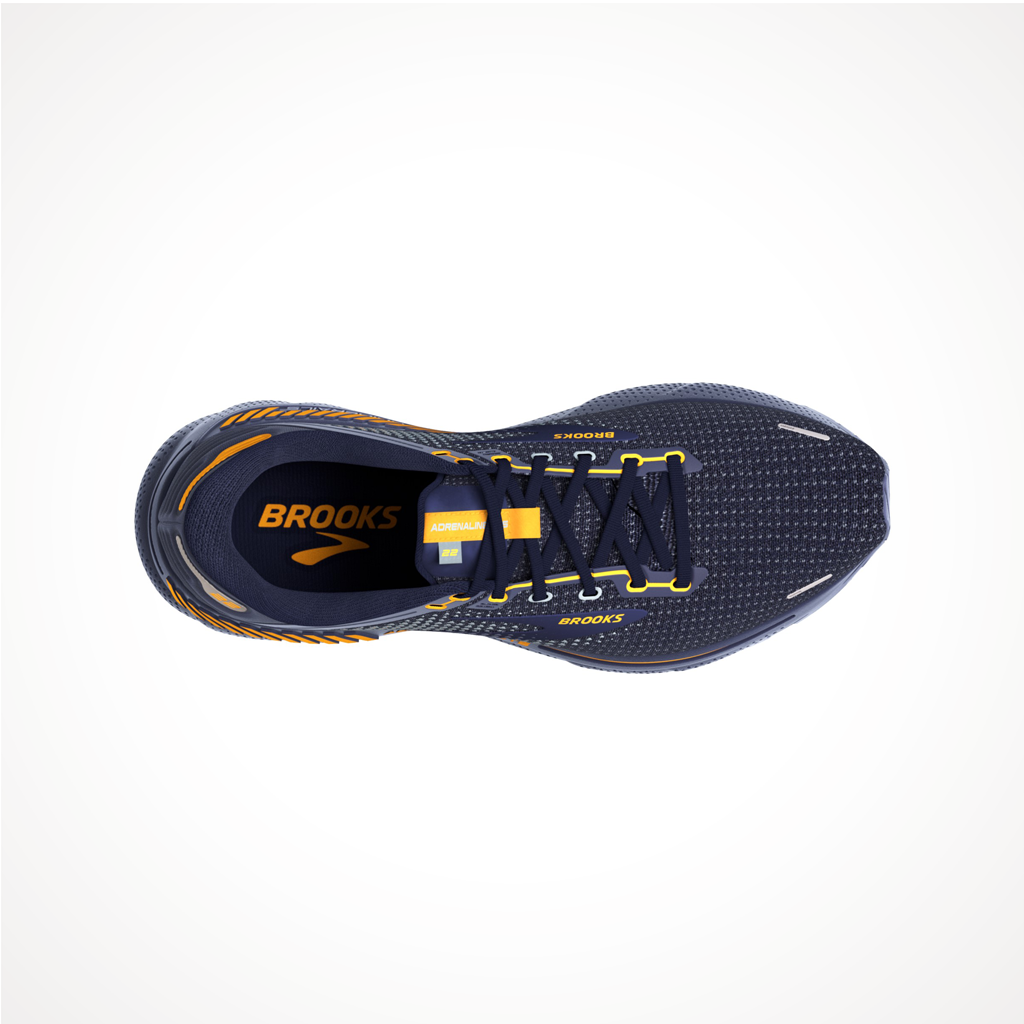 Product image: Footwear Brooks Mens Adrenaline GTS 22 Peacoat Grey Sunflower, shown from above.