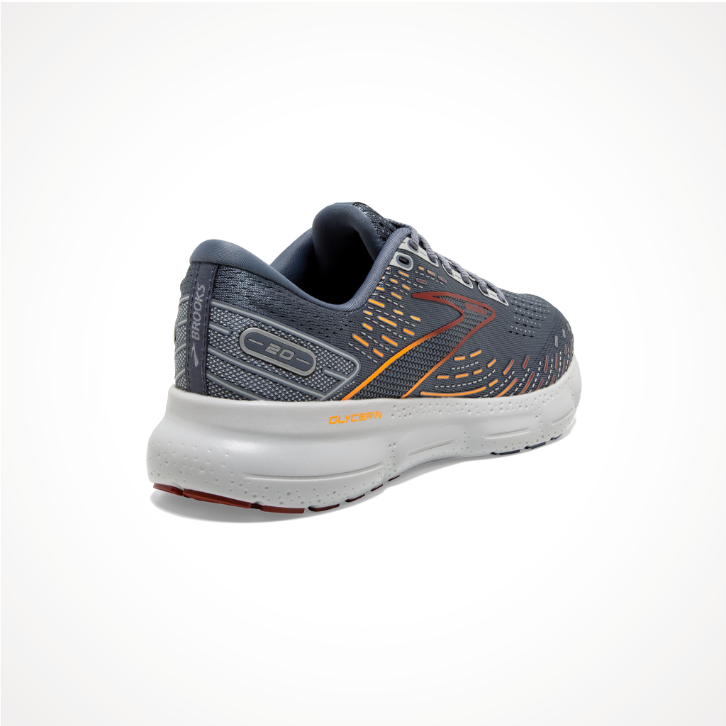 Product image: Footwear Brooks Mens Glycerin 20 Grey Chili Oil Orange Iso Rear.