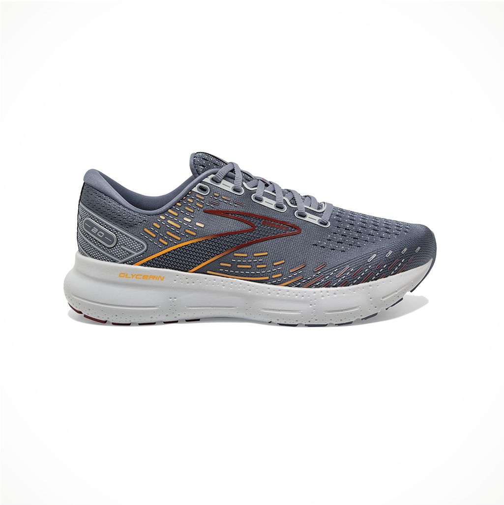 Product image: Footwear Brooks Mens Glycerin 20 Grey Chili Oil Orange, side profile view.