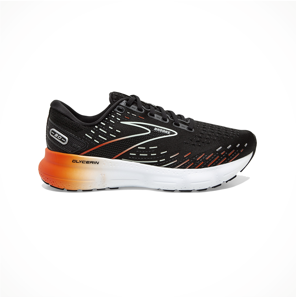Product image: Footwear Brooks Womens Glycerin 20 Black Red Opal, side profile view.