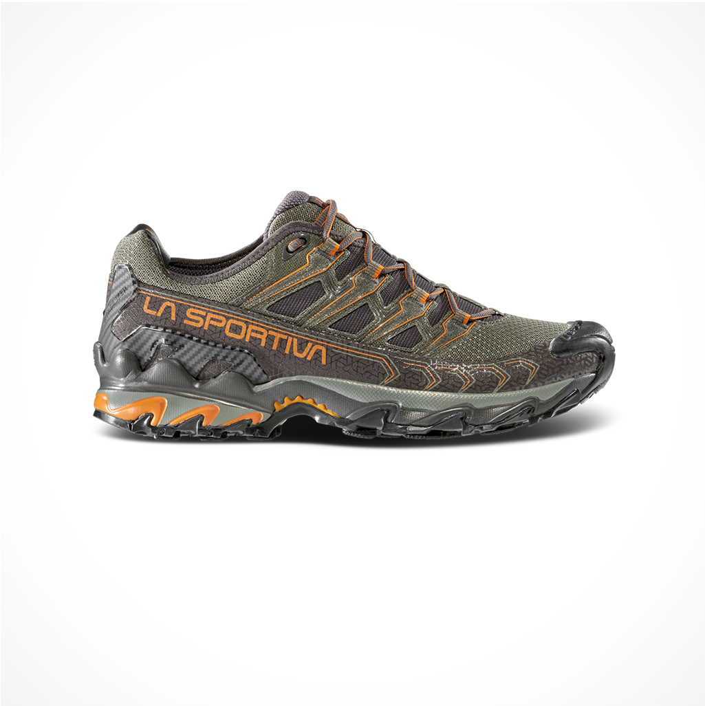Product image: Footwear La Sportiva Mens Ultra Raptor II Carbon Hawaiian Sun, side profile view.