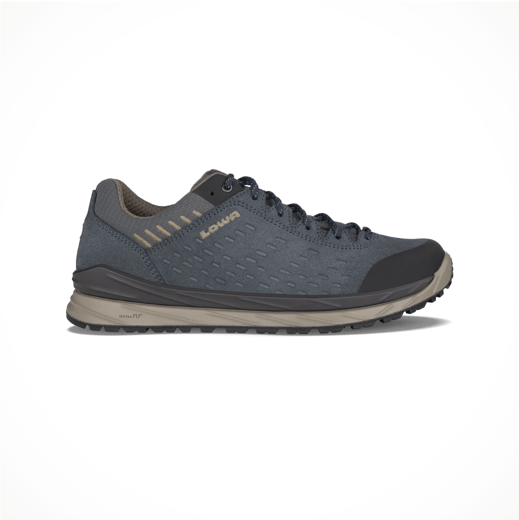 Product image: Footwear Lowa Mens Malta GTX Lo Steel Blue Dune, side profile view.