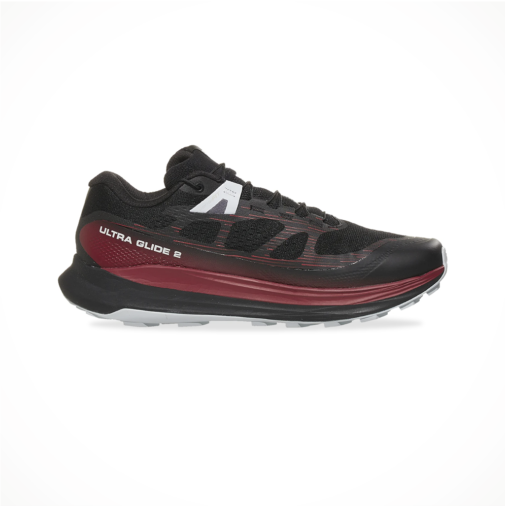 Product image: Footwear Salomon Mens Ultra Glide 2 Black Biking Red Pearl Blue, side profile view.