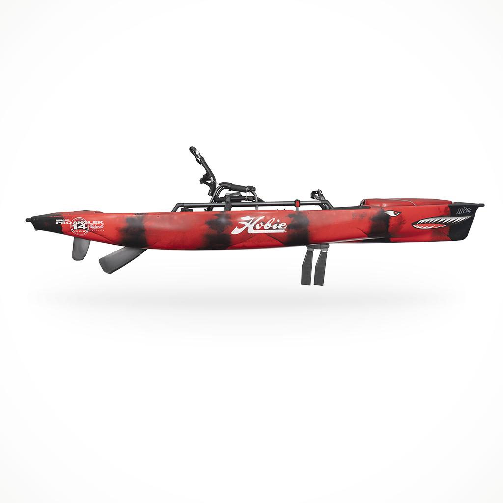Product image: Hobie Mirage Pro Angler 14 360 IKE Red, side profile view.