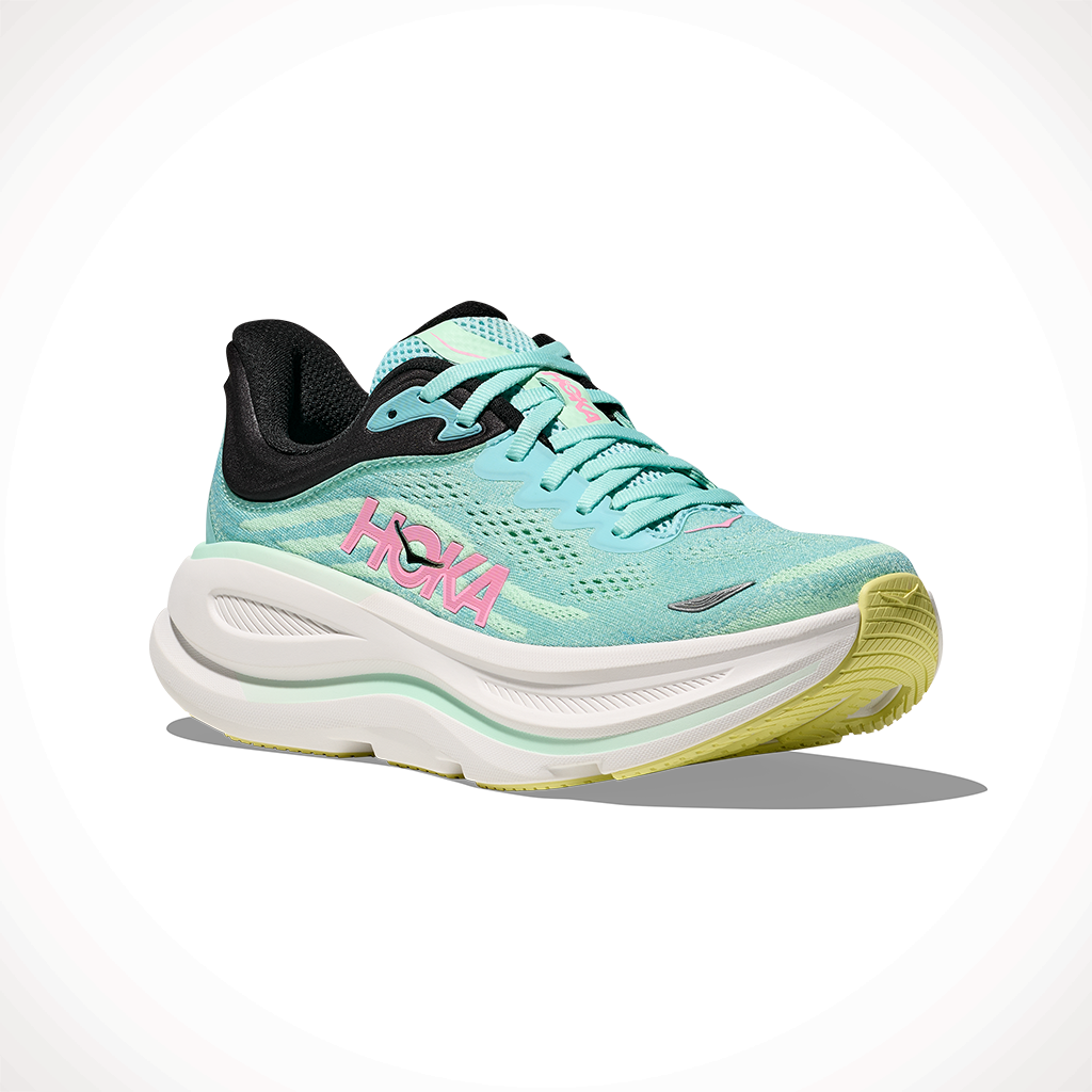 Product image: Hoka Bondi 9 Blue Spark Mint Fluorite Womens 2025, shown from a three-quarter angled view.