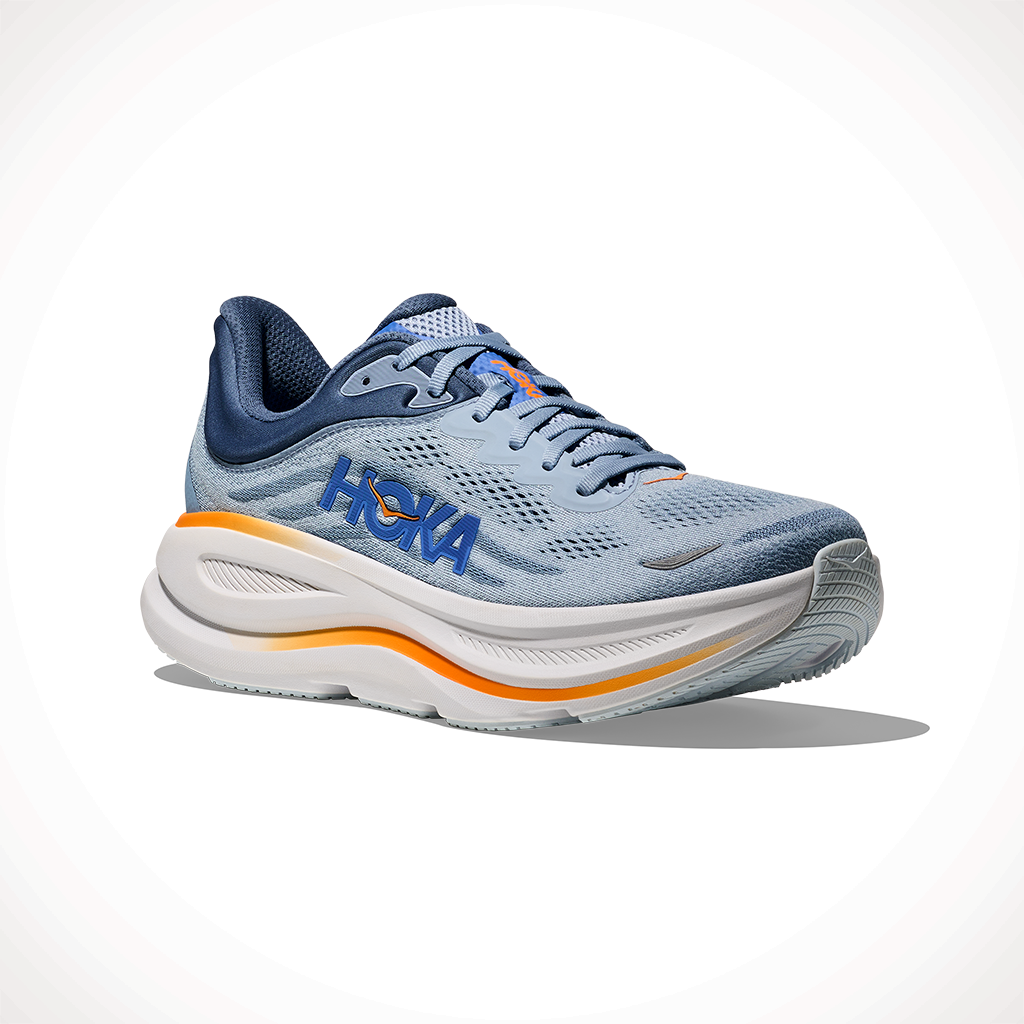 Product image: Hoka Bondi 9 Drizzle Downpour Mens 2025, shown from a three-quarter angled view.