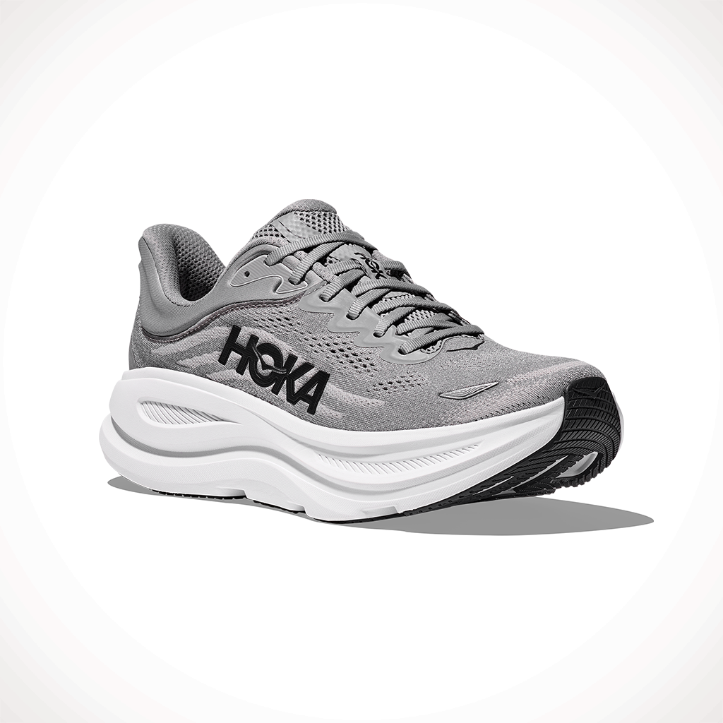 Product image: Hoka Bondi 9 Galactic Grey Stellar Grey Mens 2025, shown from a three-quarter angled view.