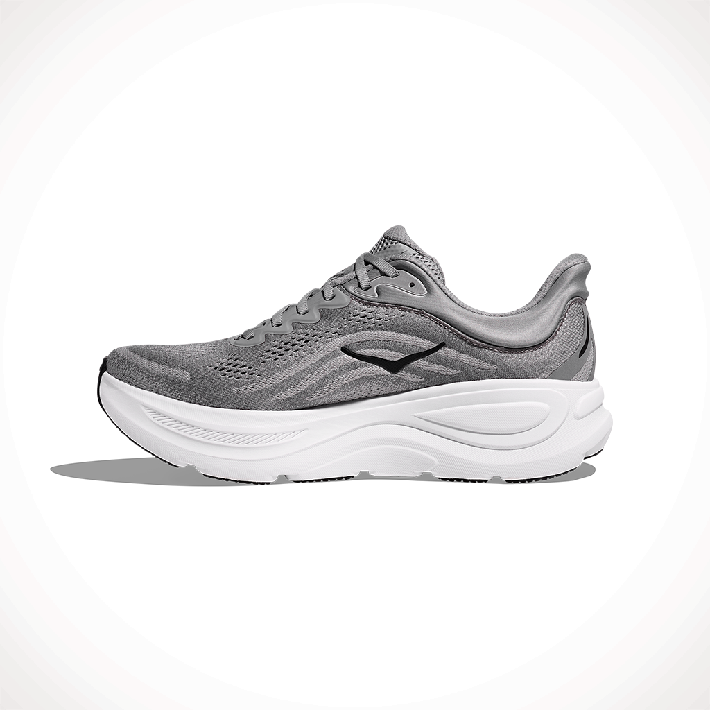 Product image: Hoka Bondi 9 Galactic Grey Stellar Grey Mens 2025, shown from the left side profile.