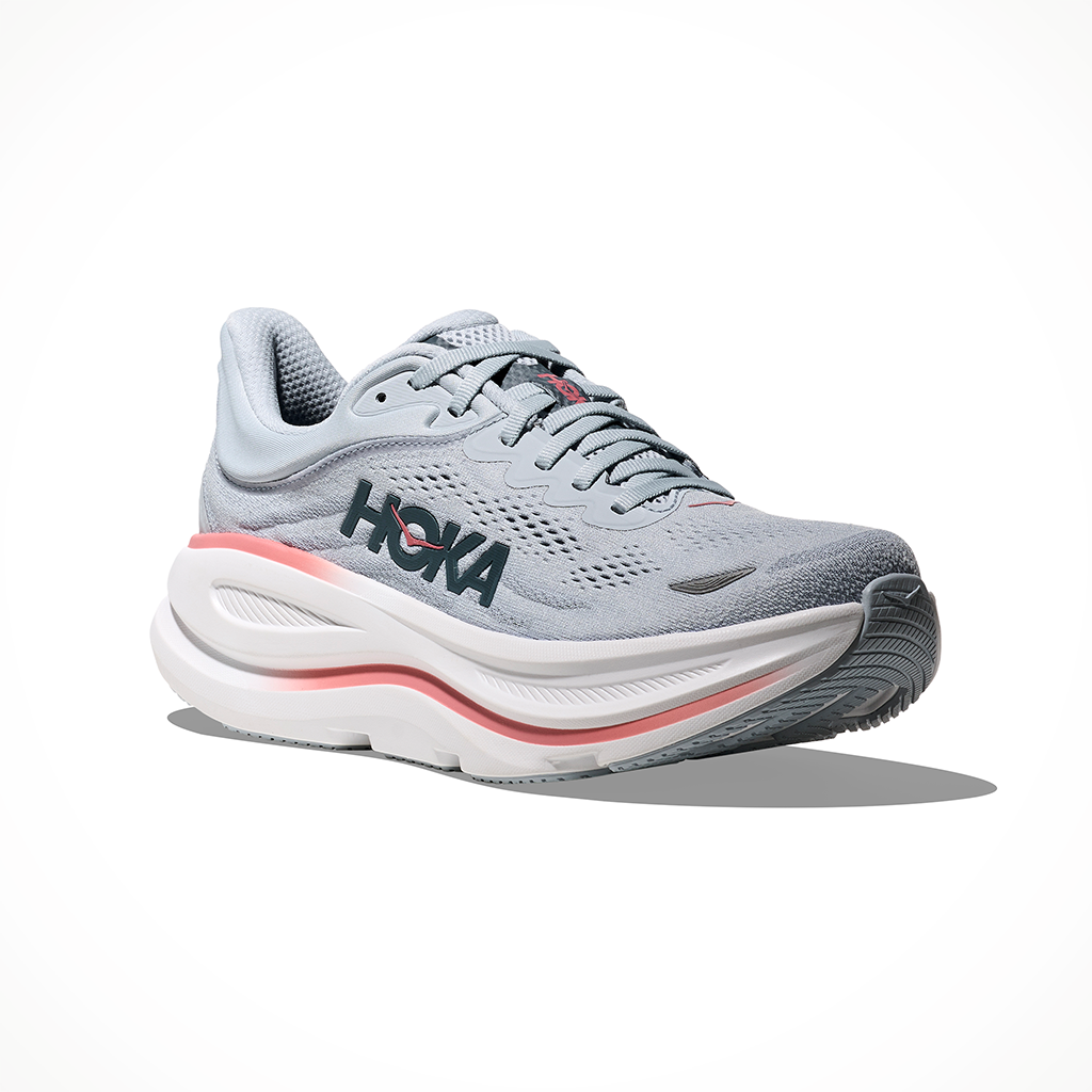 Product image: Hoka Bondi 9 Mineral Blue Washed Blue Womens 2026, shown from a three-quarter angled view.