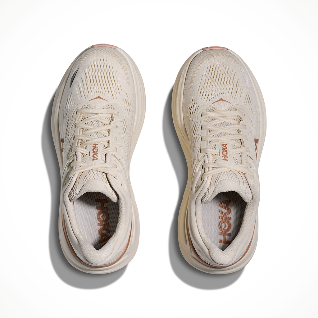Product image: Hoka Bondi 9 Oat Milk Rose Gold Womens 2026, shown as a pair.