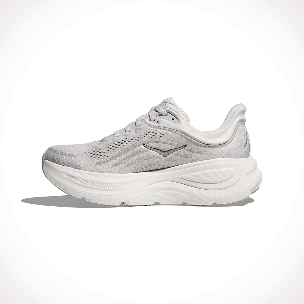 Product image: Hoka Bondi 9 Stardust Silver Womens 2025, shown from the left side profile.