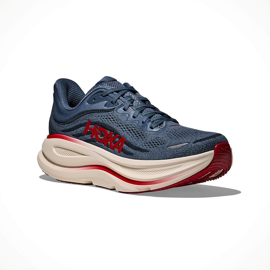 Product image: Hoka Bondi 9 Thunder C Loud Vermillion Mens 2026, shown from a three-quarter angled view.