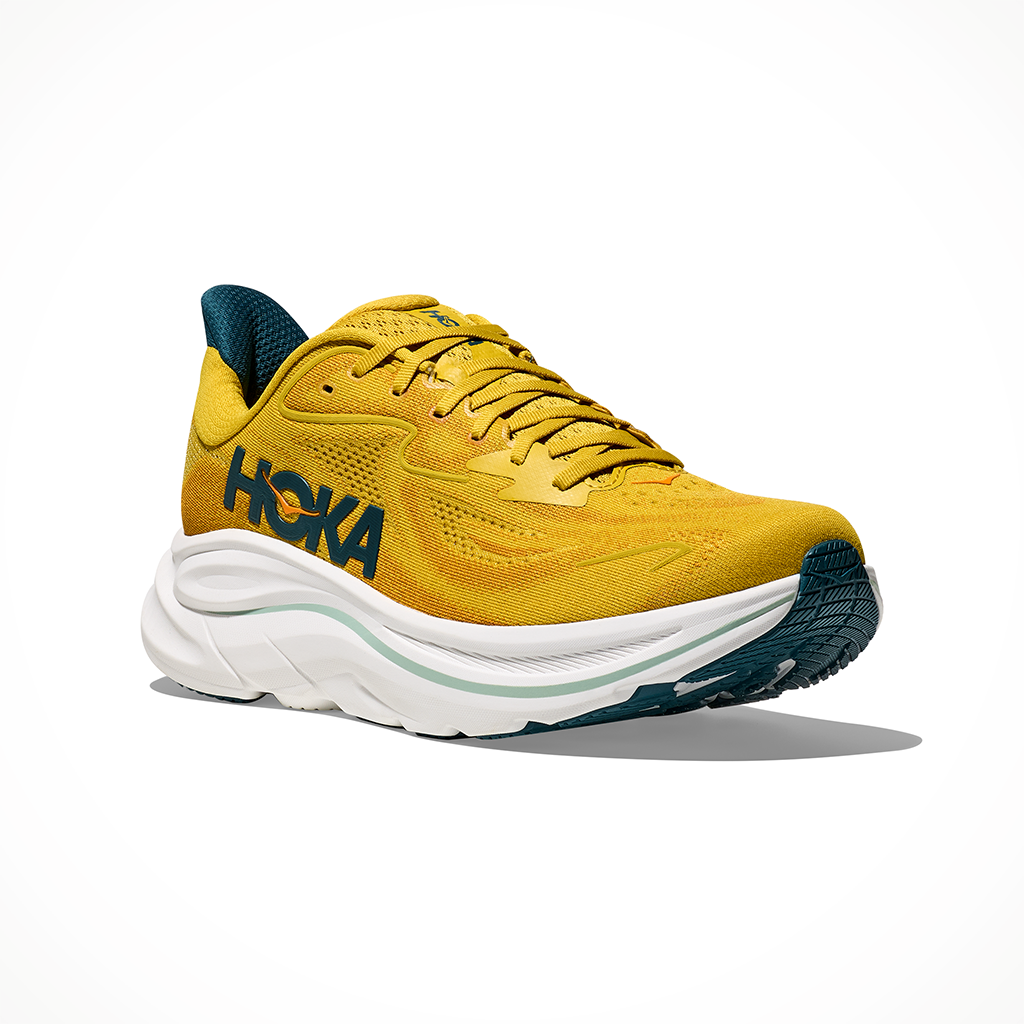 Product image: Hoka Clifton 10 Yellow Gold Tidal Wave Mens 2026, shown from a three-quarter angled view.