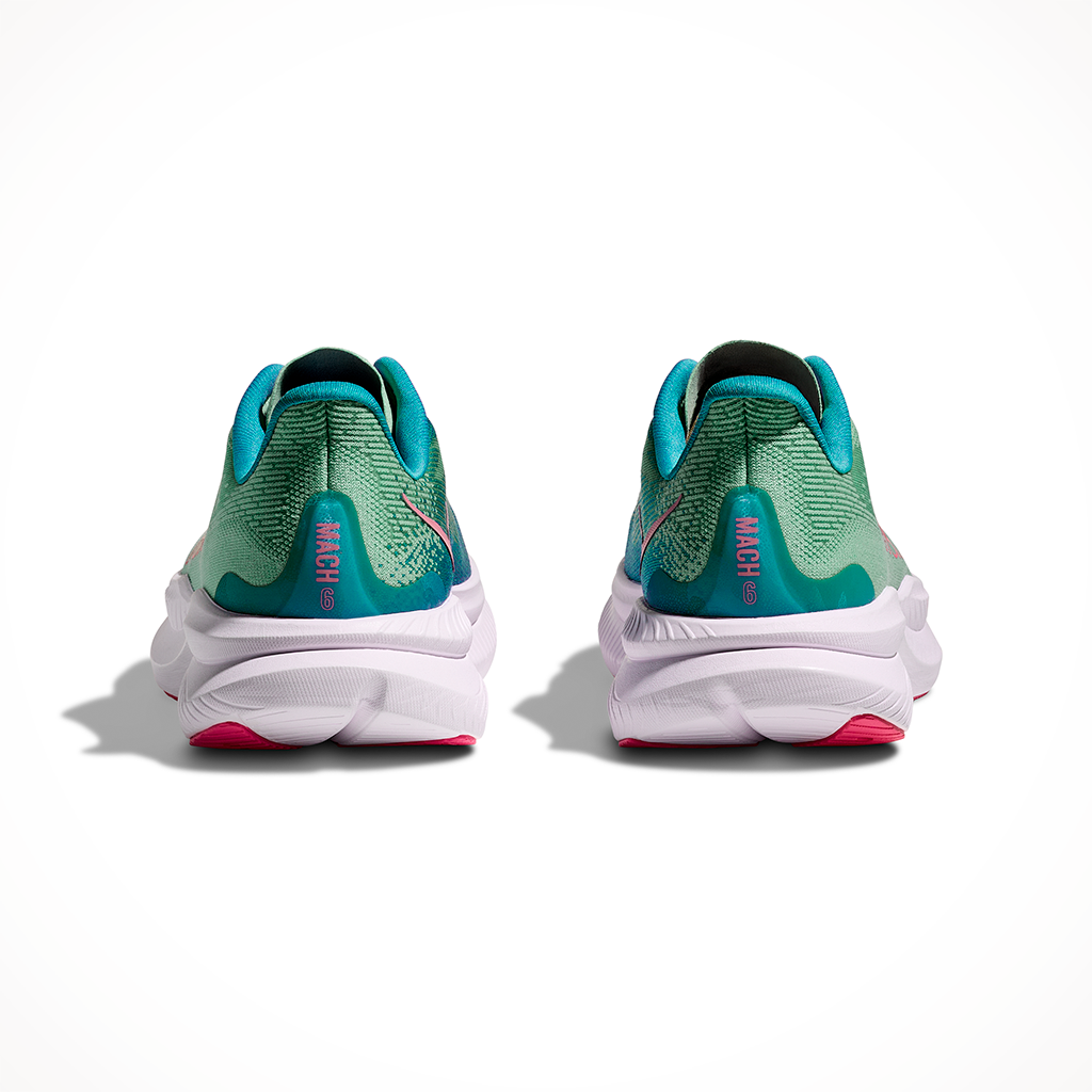 Product image: Hoka Mach 6 Jadeite Alpine Blue Womens 2025, shown from the back.