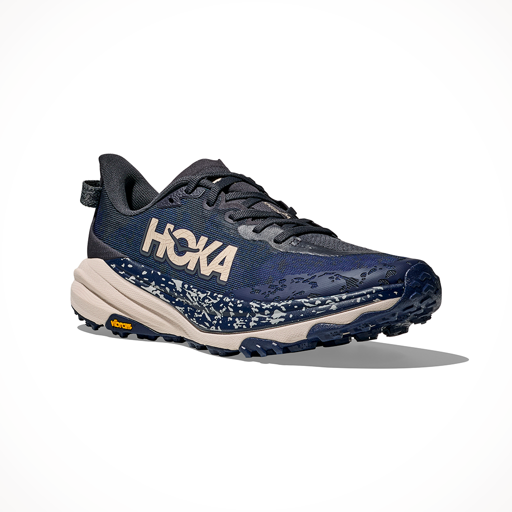 Product image: Hoka Speedgoat 6 Charcoal Grey Midnight Blue Mens 2025, shown from a three-quarter angled view.