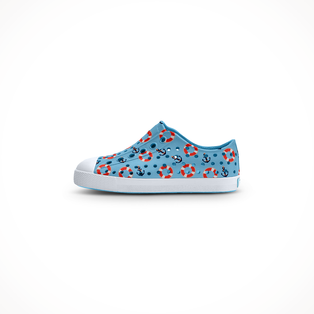 Product image: Native Jefferson Print Aquarius Blue Shell White Anchors Kids 2026, shown in primary marketing view.