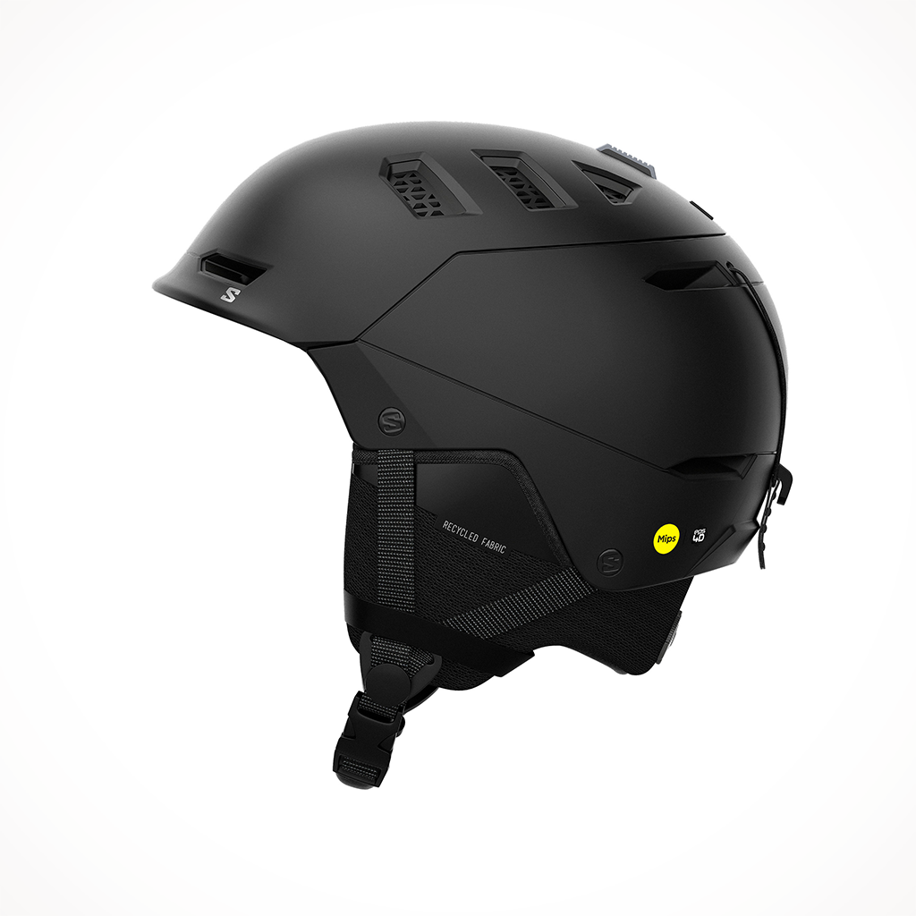 Product image: Salomon Husk Pro Black Snow Helmet 2025, shown from the left side profile.