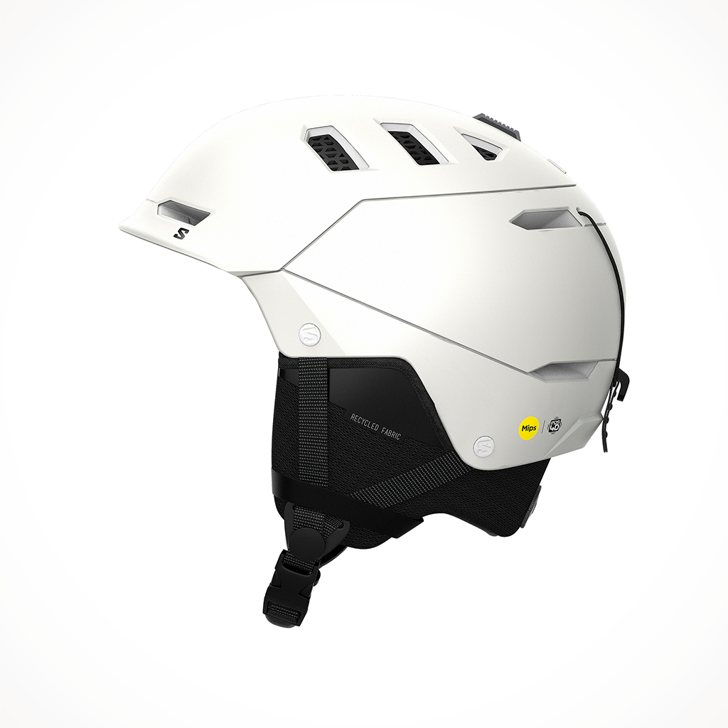 Product image: Salomon Husk Pro White Snow Helmet 2025, shown from the left side profile.