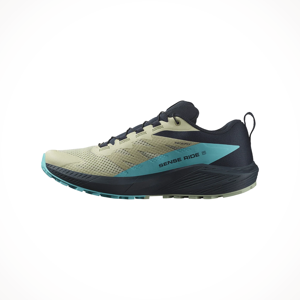 Product image: Salomon Sense Ride 5 Alfalfa Carbon Peacock Blue Mens 2024, shown from the left side profile.