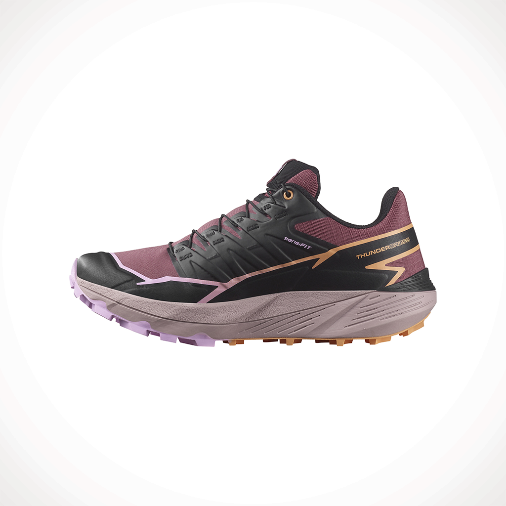 Product image: Salomon Thundercross Nocturne Black Papaya Womens 2025, shown from the left side profile.