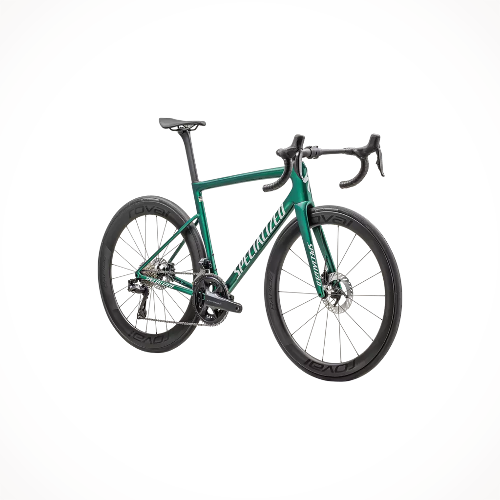 Product image: Specialized TARMAC SL8 PRO UDI2 Gloss Pine Green Metallic White 2024, shown from a three-quarter angled view.