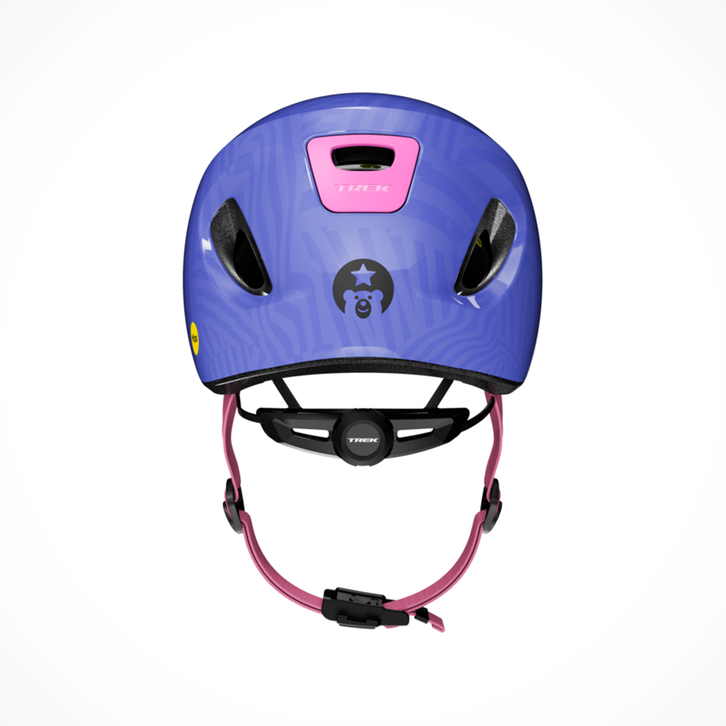 Product image: trek little dipper mips bike helmet ultraviolet, shown from the back.
