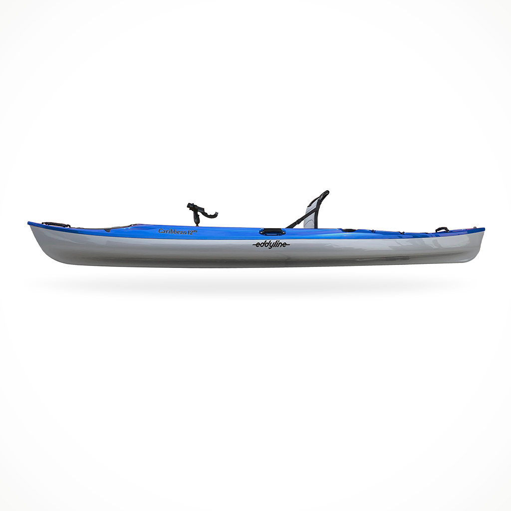 Product image: Eddyline Caribbean 12 FS Angler Saphire Blue Silver, side profile view.