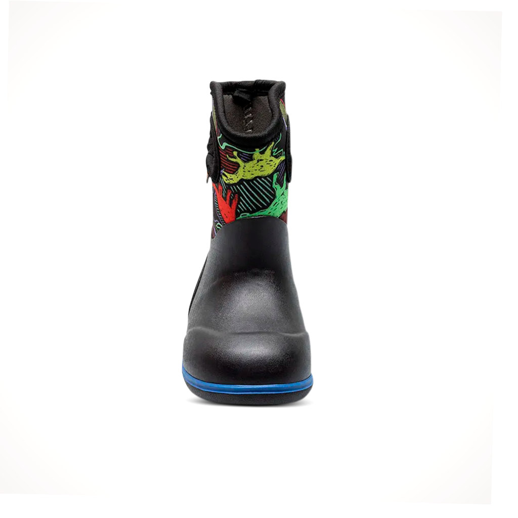 Product image: Bogs Kids Baby Classic Neon Dino Boot Black Multi, shown from the front.