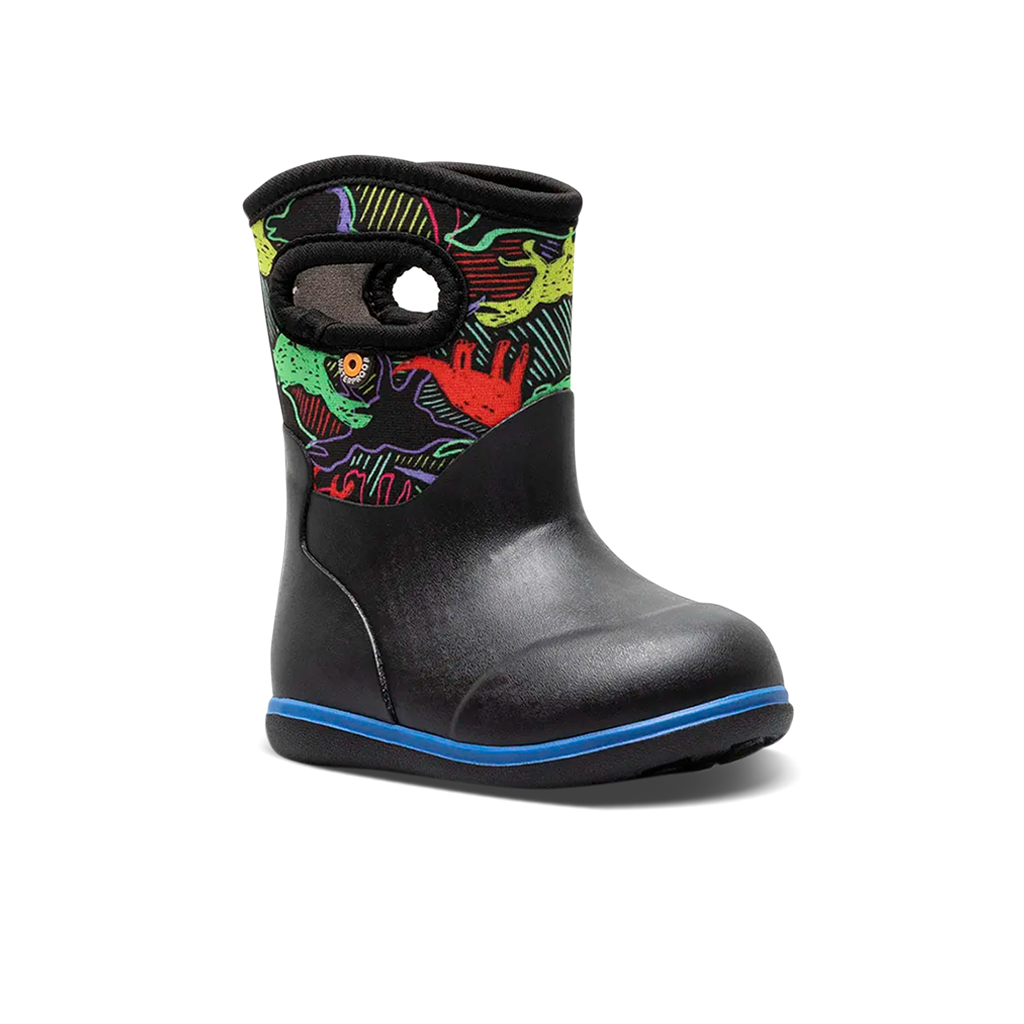 Product image: Bogs Kids Baby Classic Neon Dino Boot Black Multi, shown from a three-quarter angled view.