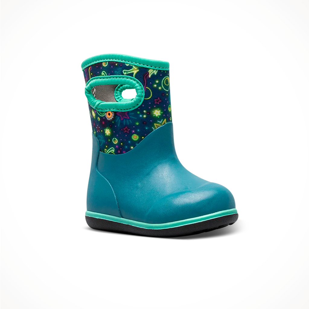 Product image: Bogs Kids Baby Classic Neon Unicorn Boot Indigo Multi, shown from a three-quarter angled view.