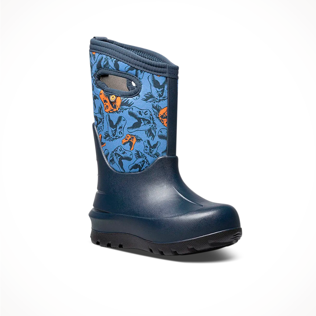 Product image: Bogs Kids Neo Classic Cool Dinos Boots Navy Multi, shown from a three-quarter angled view.