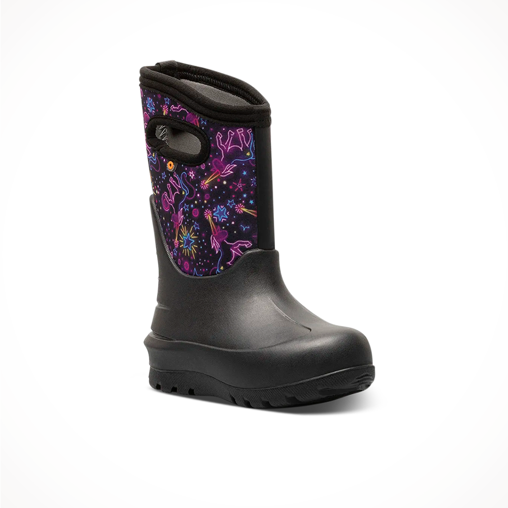 Product image: Bogs Kids Neo Classic Neon Unicorn Boots Black Multi, shown from a three-quarter angled view.