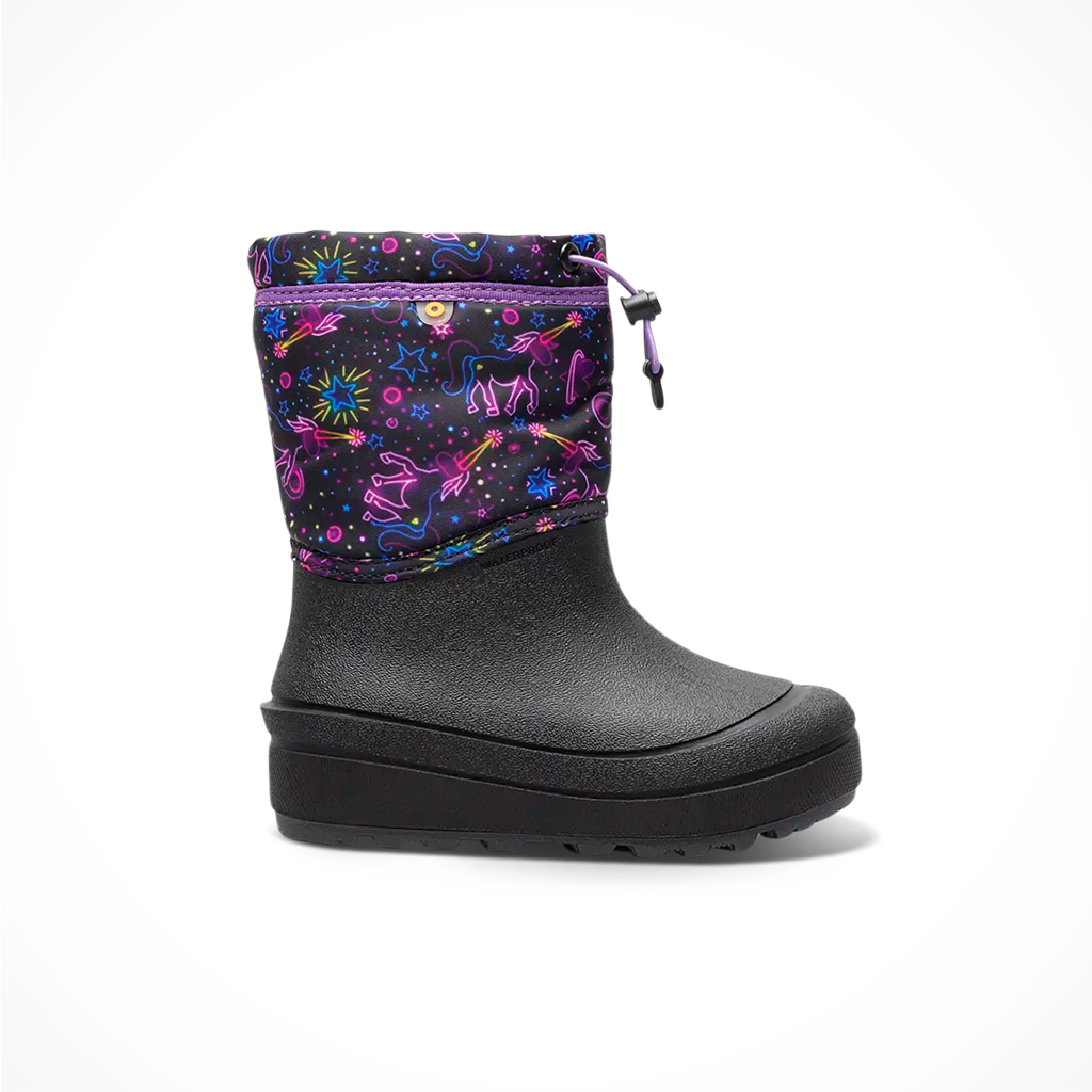 Product image: Bogs Kids Snow Shell Boot Neon Unicorn Purple Multi, shown in primary marketing view.
