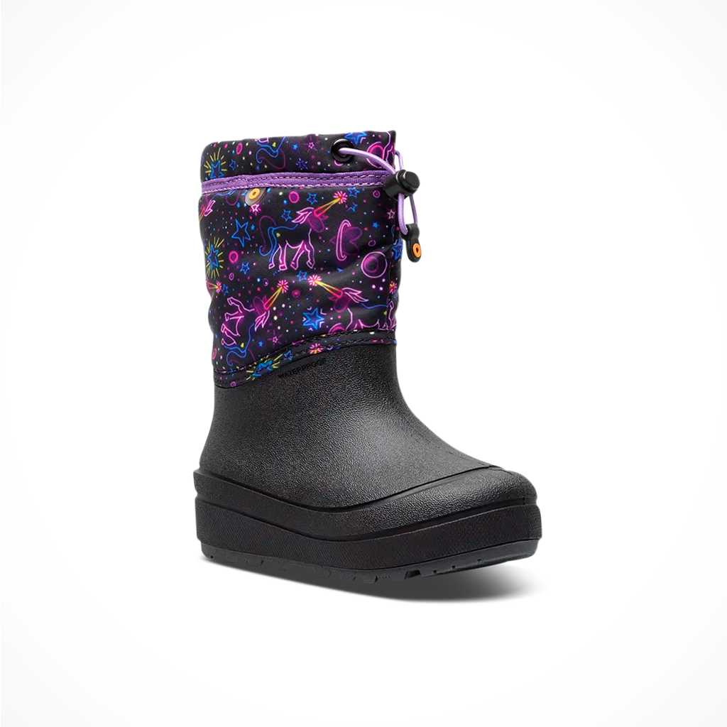Product image: Bogs Kids Snow Shell Boot Neon Unicorn Purple Multi, shown from a three-quarter angled view.